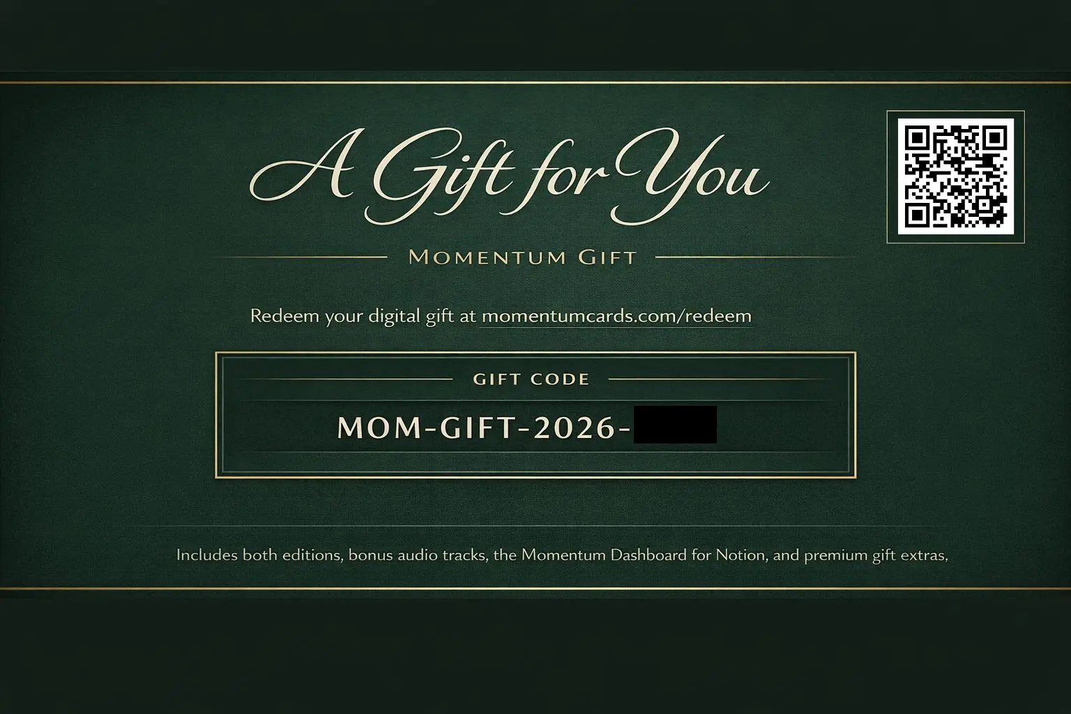 Sample of the Momentum Gift Activation Card showing a unique code and QR code