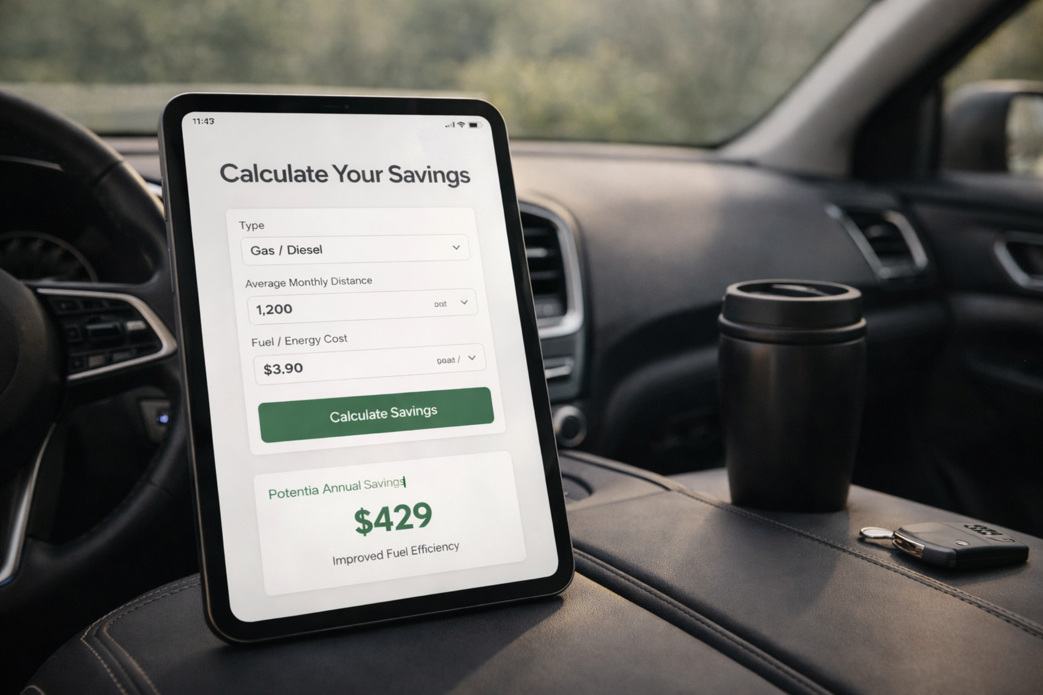 Savings calculator on a tablet inside a car
