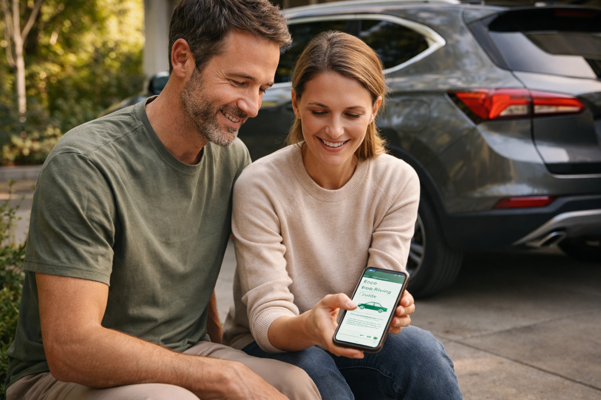 Couple checking eco-driving guide on a phone beside a car